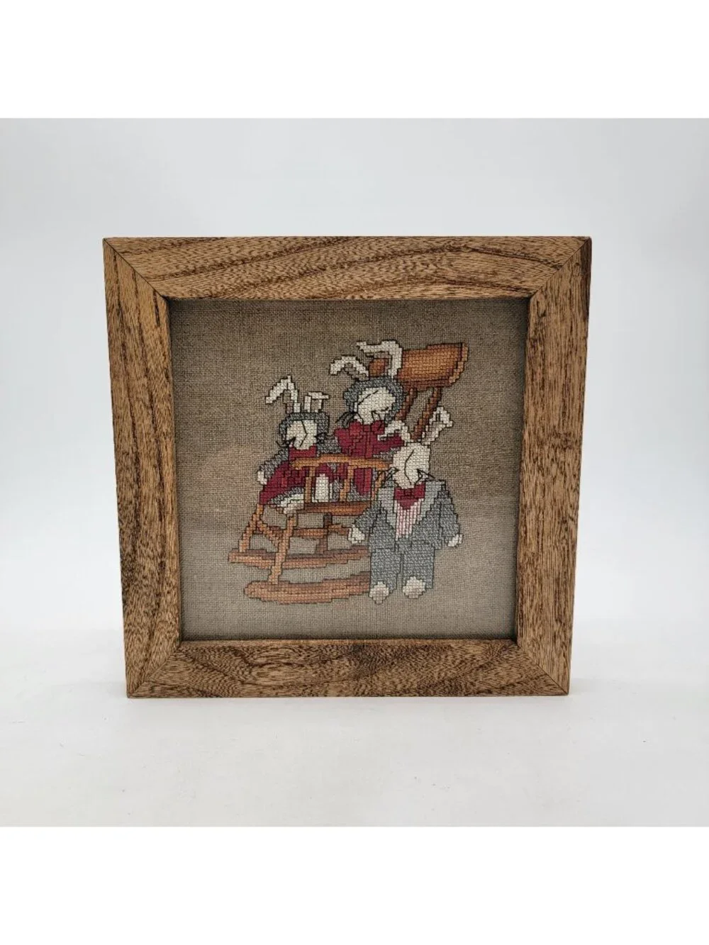 Vintage 1992 Signed Cross-Stitch Embroidered City Cousins Bunny Rabbits